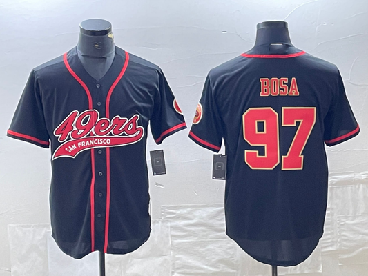 SF.49ers #97 Nick Bosa Black Red With Patch Cool Base Stitched Baseball Jersey