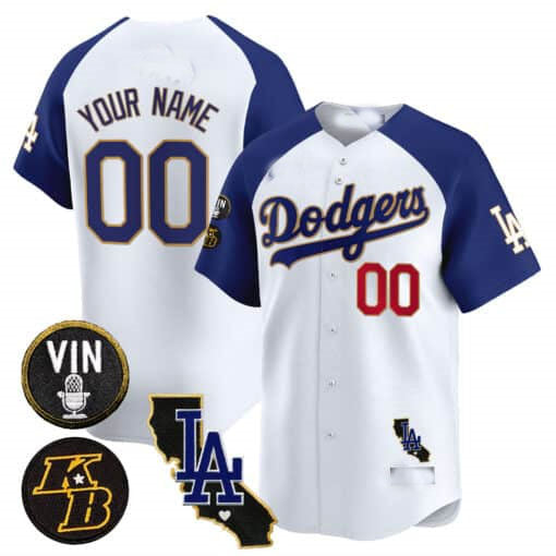 Custom Los Angeles Dodgers Vin Patch & Kobe Bryant Gold Trim Vapor Premier Limited V2 – All Stitched Baseball Jersey