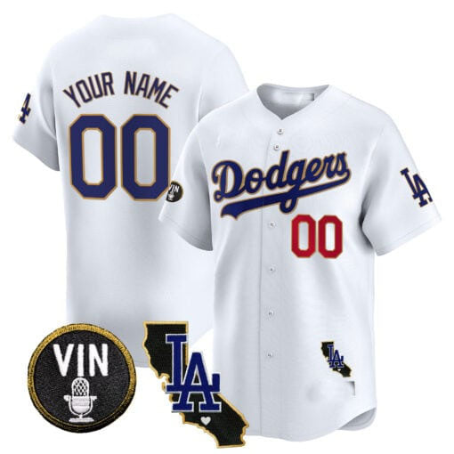 Custom Los Angeles Dodgers Vin & California Patch Gold Trim Vapor Premier Limited – All Stitched Baseball Jersey