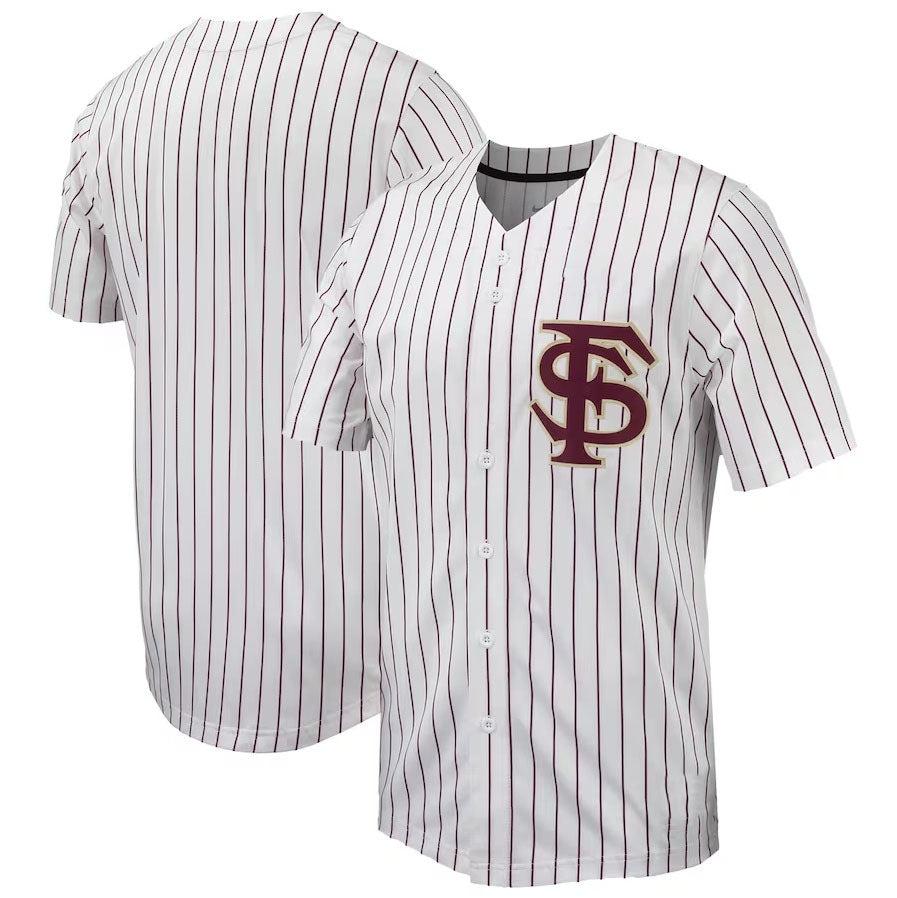 F.State Seminoles Pinstripe Replica Full-Button Baseball Jersey - White Garnet American College Jerseys