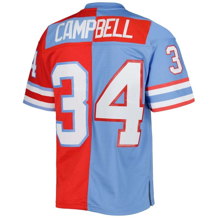 H.Oilers #34 Earl Campbell Mitchell & Ness Gridiron Classics 1980 Split Legacy Replica Jersey - Red-Light Blue Stitched American Football Jerseys