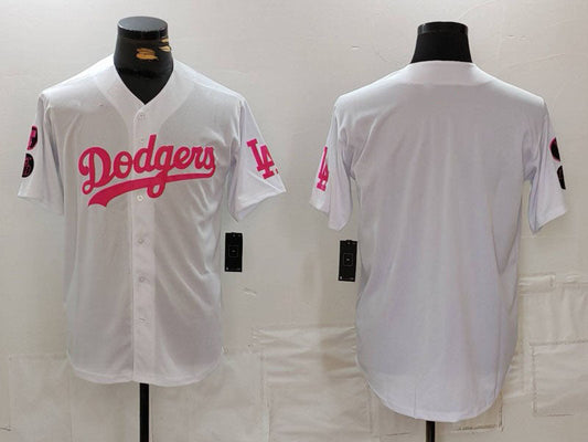 Los Angeles Dodgers Team Big Logo White Pink Vin & Kobe Patch Stitched Baseball Jersey