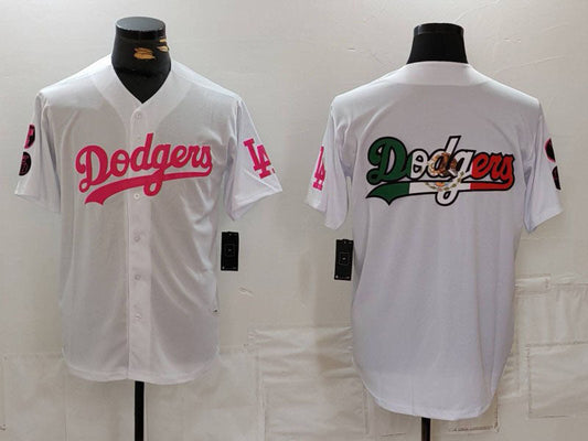 Los Angeles Dodgers Team Big Logo White Pink Vin & Kobe Patch Stitched Baseball Jersey