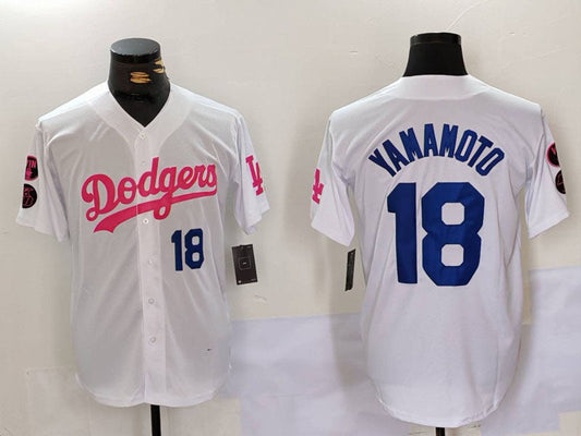 Los Angeles Dodgers #18 Yoshinobu Yamamoto White Pink Vin & Kobe Patch Stitched Baseball Jersey