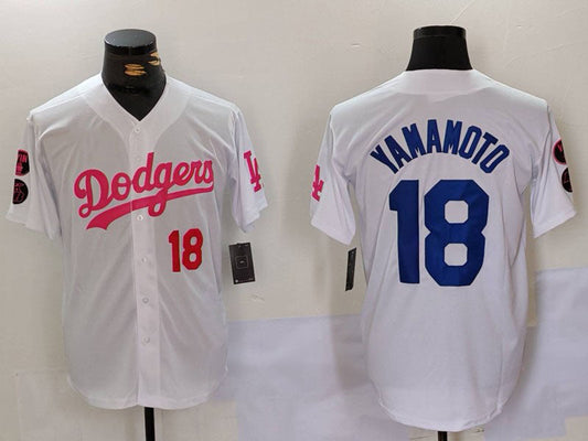 Los Angeles Dodgers #18 Yoshinobu Yamamoto White Pink Vin & Kobe Patch Stitched Baseball Jersey