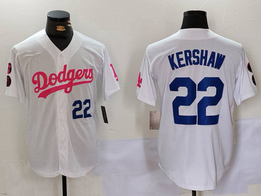 Los Angeles Dodgers #22 Clayton Kershaw White Pink Vin & Kobe Patch Stitched Baseball Jersey