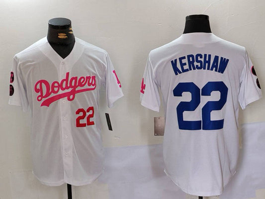 Los Angeles Dodgers #22 Clayton Kershaw White Pink Vin & Kobe Patch Stitched Baseball Jersey