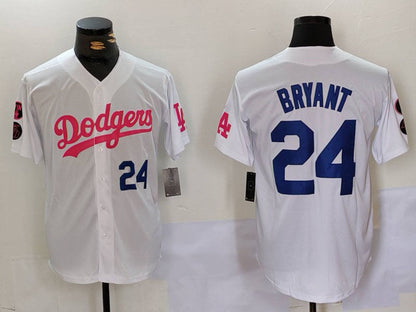 Los Angeles Dodgers #24 Kobe Bryant White Pink Vin & Kobe Patch Stitched Baseball Jersey