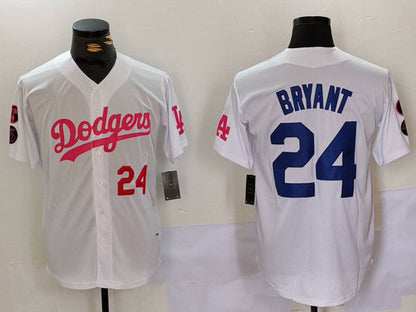 Los Angeles Dodgers #24 Kobe Bryant White Pink Vin & Kobe Patch Stitched Baseball Jersey