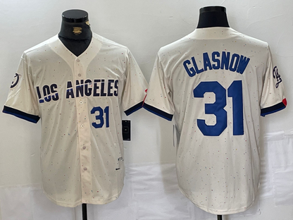 Los Angeles Dodgers #31 Tyler Glasnow Number Cream Blue 2024 City Connect Limited Stitched Baseball Jersey