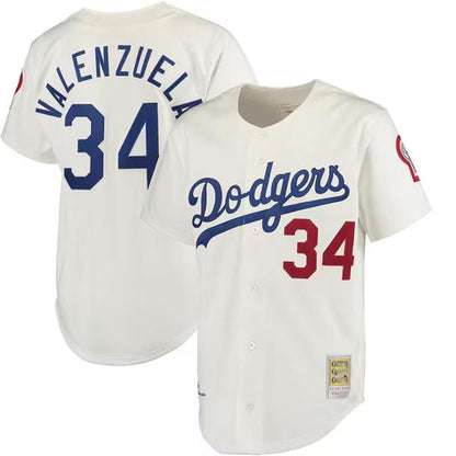 Los Angeles Dodgers #34 Fernando Valenzuela Cream Mitchell & Ness Stitched Baseball Jersey