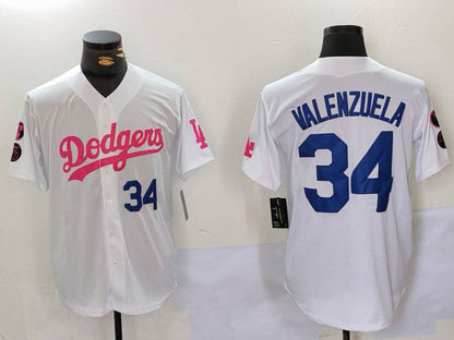 Los Angeles Dodgers #34 Fernando Valenzuela White Pink Vin & Kobe Patch Stitched Baseball Jersey