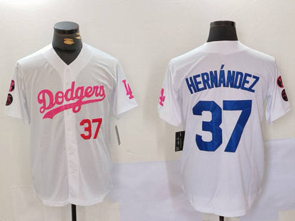 Los Angeles Dodgers #37 Teoscar Hernández White Pink Vin & Kobe Patch Stitched Baseball Jersey