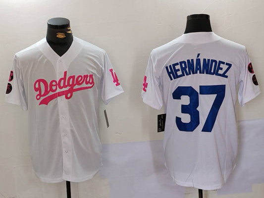 Los Angeles Dodgers #37 Teoscar Hernández White Pink Vin & Kobe Patch Stitched Baseball Jersey