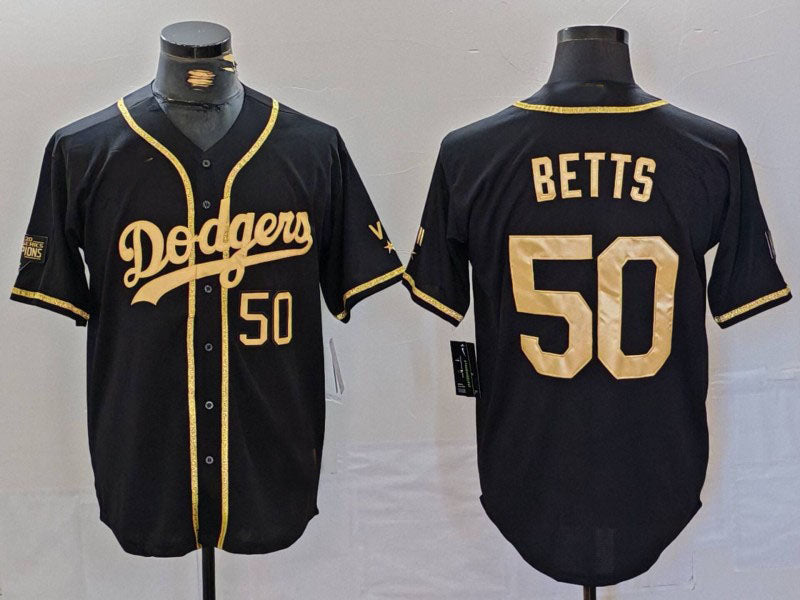 Los Angeles Dodgers #50 Mookie Betts Number Black Gold World Series Champions Cool Base Stitched Baseball Jerseys