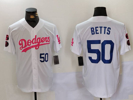 Los Angeles Dodgers #50 Mookie Betts White Pink Vin & Kobe Patch Stitched Baseball Jerseys