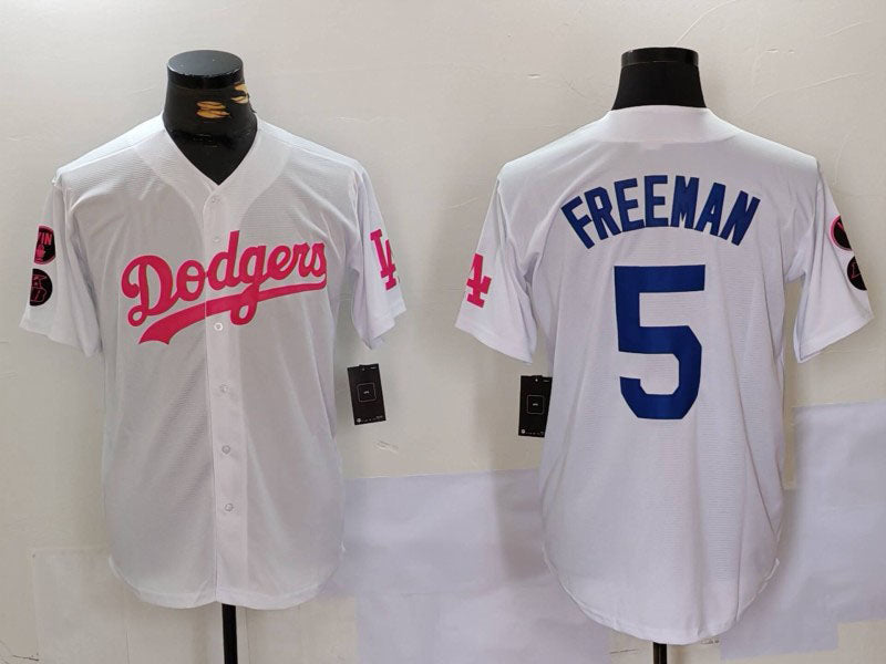 Los Angeles Dodgers #5 Freddie Freeman White Pink Vin & Kobe Patch Stitched Baseball Jersey