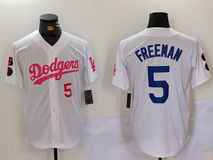 Los Angeles Dodgers #5 Freddie Freeman White Pink Vin & Kobe Patch Stitched Baseball Jerseys