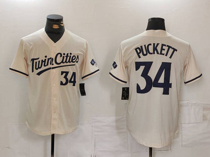 Minnesota Twins #34 Kirby Puckett Number Cream Cool Base Stitched Baseball Jersey