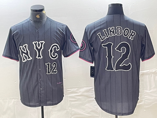 New York Mets #12 Francisco Lindor Number Grey 2024 City Connect Cool Base Stitched Baseball Jersey