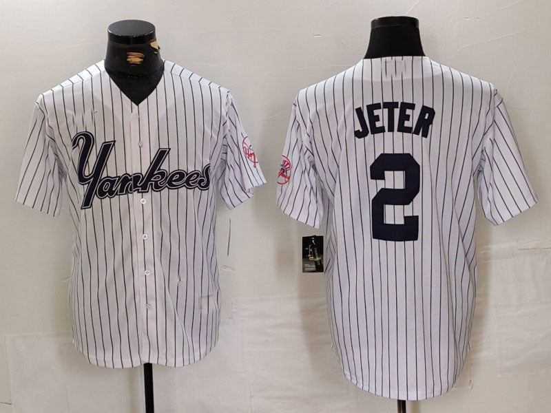 New York Yankees #2 Derek Jeter White Pinstripe Fashion Cool Base Baseball Jerseys