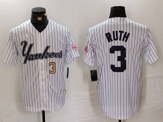 New York Yankees #3 Babe Ruth White Pinstripe Fashion Cool Base Baseball Jerseys