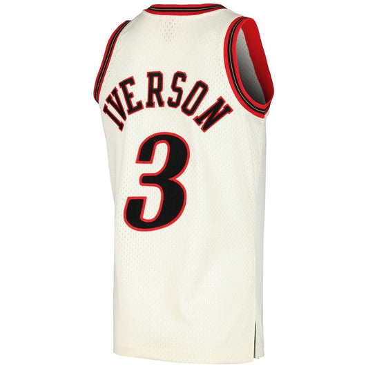 PH.76ers #3 Allen Iverson Mitchell & Ness Chainstitch Swingman Jersey - Cream Stitched American Basketball Jersey