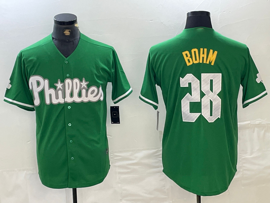 Philadelphia Phillies #28 Alec Bohm Kelly Green Cool Base Jersey Baseball Jerseys