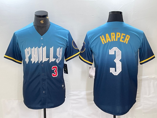 Philadelphia Phillies #3 Bryce Harper Number Blue 2024 City Connect Limited Stitched Baseball Jerseys