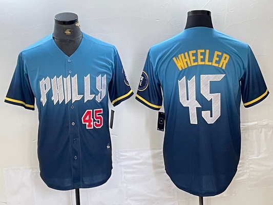 Philadelphia Phillies #45 Zack Wheeler Blue 2024 City Player Number Cool Base Stitched  Baseball Jersey