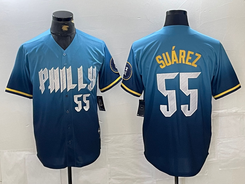 Philadelphia Phillies #55 Ranger Suarez Blue 2024 City Player Number Cool Base Baseball Jersey