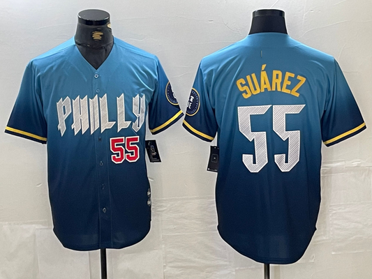 Philadelphia Phillies #55 Ranger Suarez Blue 2024 City Player Number Cool Base Baseball Jersey