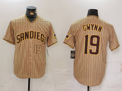 San Diego Padres #19 Tony Gwynn Khaki Team Logo Stitched Cool Base Baseball Jersey