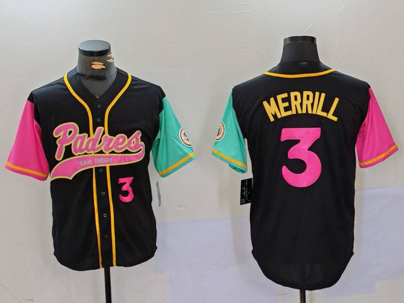 San Diego Padres #3 Jackson Merrill Number Black NEW 2023 City Connect Cool Base Stitched Baseball Jersey