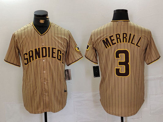 San Diego Padres #3 Jackson Merrill Tan NEW 2023 Cool Base Stitched Baseball Jersey