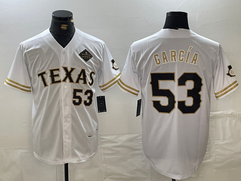 Texas Rangers #53 Adolis Garcia Number White Gold Cool Base Stitched Baseball Jersey