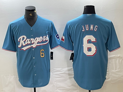 Texas Rangers #6 Josh Jung Number Light Blue Team Logo Cool Base Baseball Jersey