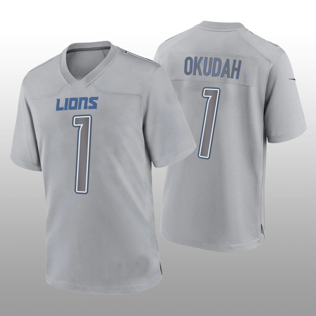 D.Lions #1  Jeff Okudah Gray Game Atmosphere Jersey Stitched American Football Jerseys