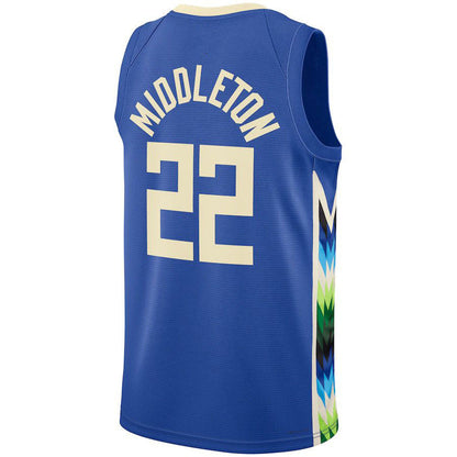 M.Bucks #22 Khris Middleton Unisex 2022-23 Swingman Jersey City Edition Royal Stitched American Basketball Jersey