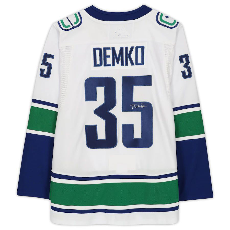 V.Canucks #35 Thatcher Demko Fanatics Authentic Autographed White Jersey Stitched American Hockey Jerseys