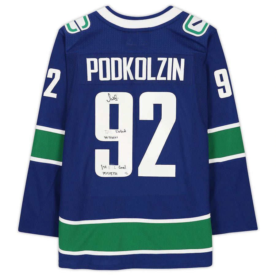 V.Canucks #92 Vasily Podkolzin Fanatics Authentic Autographed Jersey with Multiple Inscriptions Limited Edition of 21 Blue Stitched American Hockey Jerseys