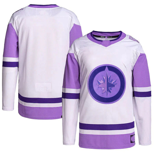 W.Jets Hockey Fights Cancer Primegreen Authentic Blank Practice Jersey White Purple Stitched American Hockey Jerseys