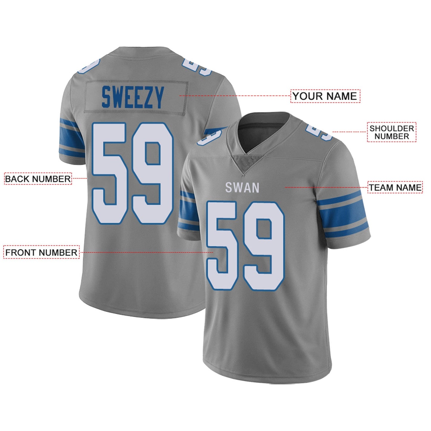 Custom D.Lions Football Jersey Team Player or Personalized Design Your Own Name for Men's Women's Youth Jerseys Blue